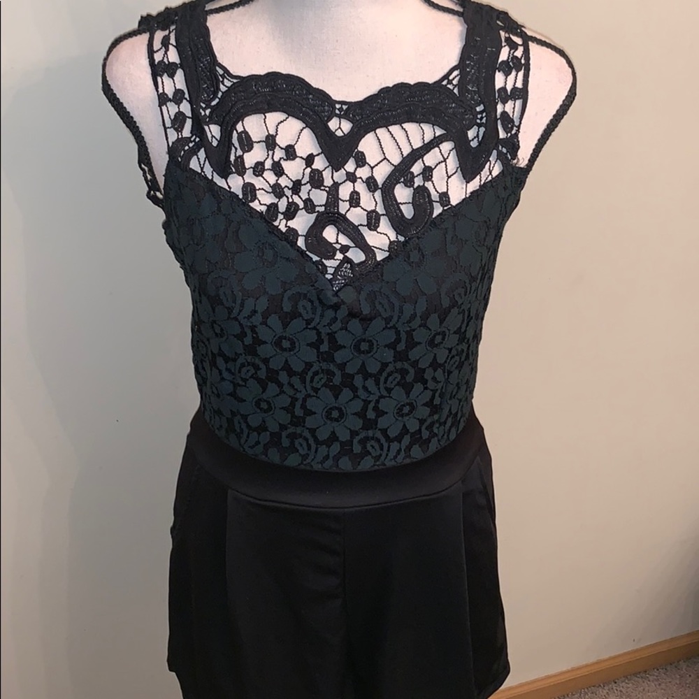 Black Stretch Lace Front Lined Backless Romper - Picture 3 of 8